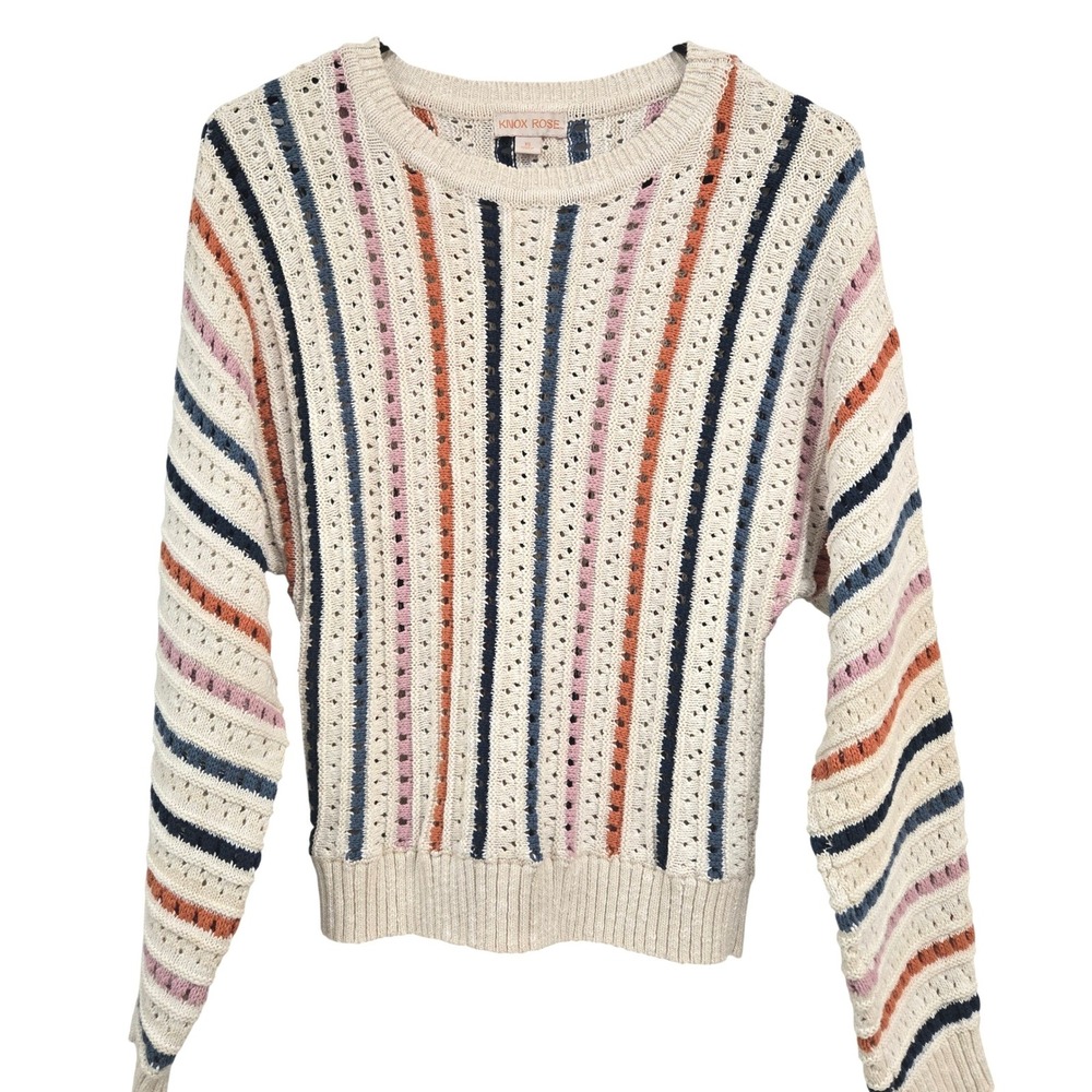 Knox Rose Womens XS Striped Pointelle Knit Sweater Cream Navy Orange Long Sleeve